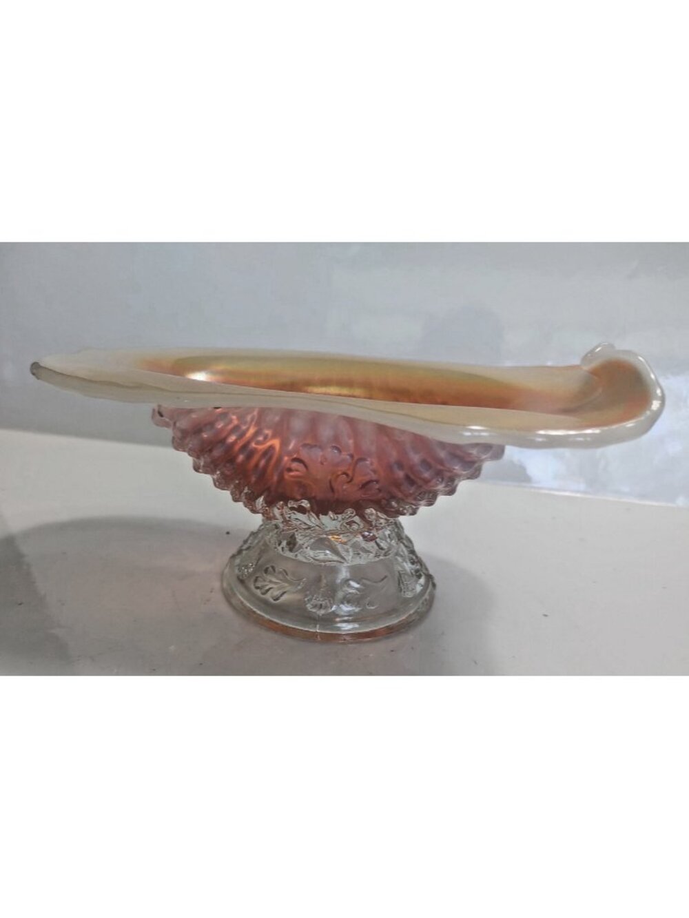 Antique Dugan Glass opalescent carnival glass footed bowl Nautilus pattern
